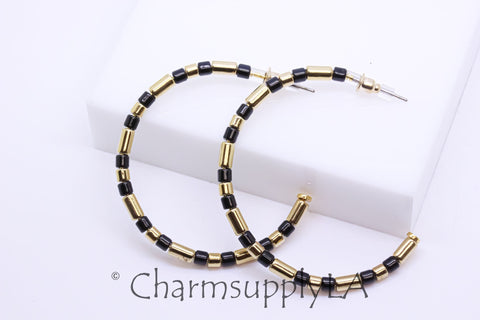 Limited edition Colorful Enamel Tubes Beaded Hoop Earrings, 50-52mm, Fun Summer Piece, Gold and Black Hoops, Mixed Colors Hoops, FJ1-104