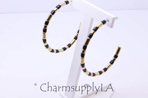 Limited edition Colorful Enamel Tubes Beaded Hoop Earrings, 50-52mm, Fun Summer Piece, Gold and Black Hoops, Mixed Colors Hoops, FJ1-104