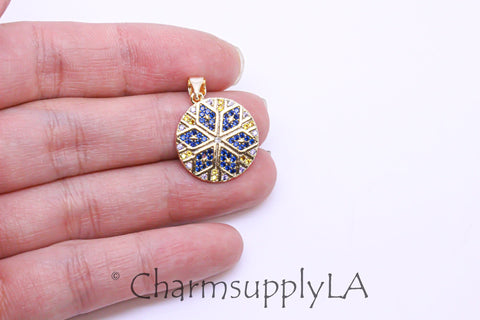 Beautiful Gold Color Burst Blue kaleidoscope Round Cz Pendant, 18mm, Color Pop Pendant, 1 pc or 10 pcs, WHOLESALE MP7-10066