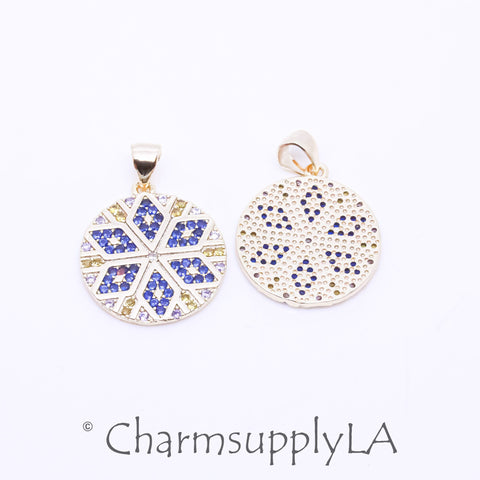 Beautiful Gold Color Burst Blue kaleidoscope Round Cz Pendant, 18mm, Color Pop Pendant, 1 pc or 10 pcs, WHOLESALE MP7-10066