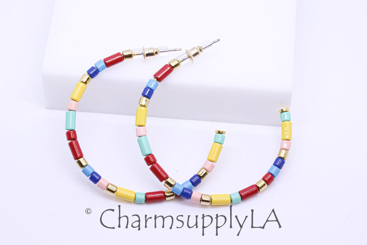 Limited edition Colorful Enamel Tubes Beaded Hoop Earrings, 50-52mm, Fun Summer Piece, Rainbow Hoops, Mixed Colors Hoops, FJ1-094