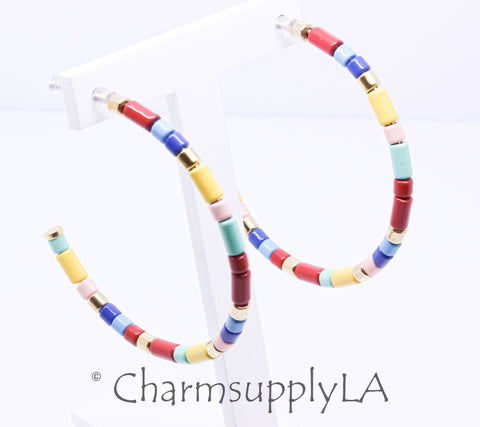 Limited edition Colorful Enamel Tubes Beaded Hoop Earrings, 50-52mm, Fun Summer Piece, Rainbow Hoops, Mixed Colors Hoops, FJ1-094