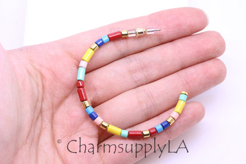 Limited edition Colorful Enamel Tubes Beaded Hoop Earrings, 50-52mm, Fun Summer Piece, Rainbow Hoops, Mixed Colors Hoops, FJ1-094