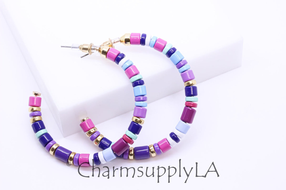 Limited edition Colorful Enamel Beaded Hoop Earrings, 50-52mm, Fun Summer Piece, Purple Summer block Mix Hoops, Mixed Colors Hoops, FJ1-098