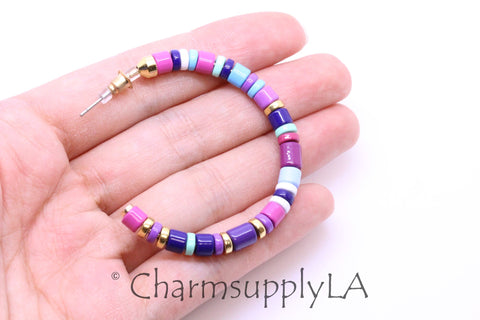 Limited edition Colorful Enamel Beaded Hoop Earrings, 50-52mm, Fun Summer Piece, Purple Summer block Mix Hoops, Mixed Colors Hoops, FJ1-098