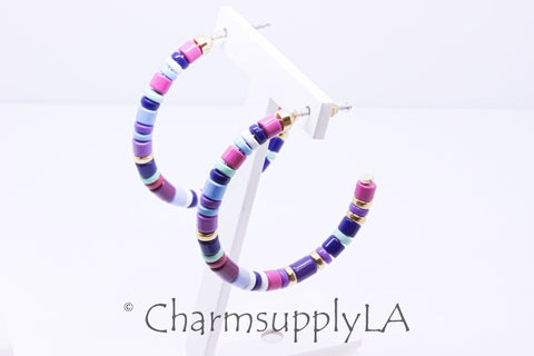 Limited edition Colorful Enamel Beaded Hoop Earrings, 50-52mm, Fun Summer Piece, Purple Summer block Mix Hoops, Mixed Colors Hoops, FJ1-098