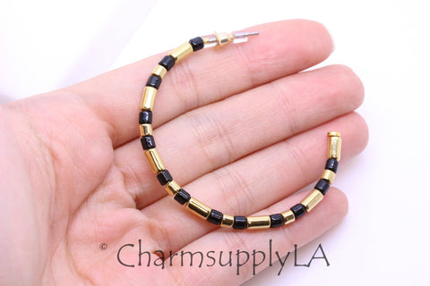 Limited edition Colorful Enamel Tubes Beaded Hoop Earrings, 50-52mm, Fun Summer Piece, Gold and Black Hoops, Mixed Colors Hoops, FJ1-104