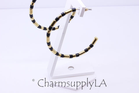 Limited edition Colorful Enamel Tubes Beaded Hoop Earrings, 50-52mm, Fun Summer Piece, Gold and Black Hoops, Mixed Colors Hoops, FJ1-104