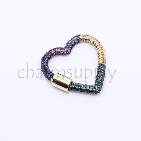 Large Size Full Rainbow cz Pave Heart Carabiner Lock, 26mm, Carabiner Clasp, Rainbow Screw Clasp,Screw Lock, One piece, 10 pieces, WHOLESALE