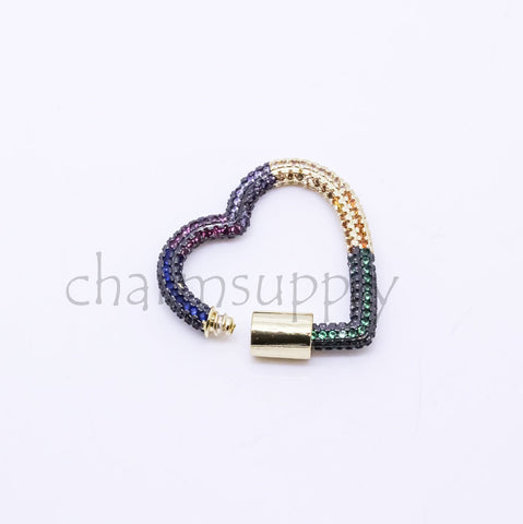 Large Size Full Rainbow cz Pave Heart Carabiner Lock, 26mm, Carabiner Clasp, Rainbow Screw Clasp,Screw Lock, One piece, 10 pieces, WHOLESALE