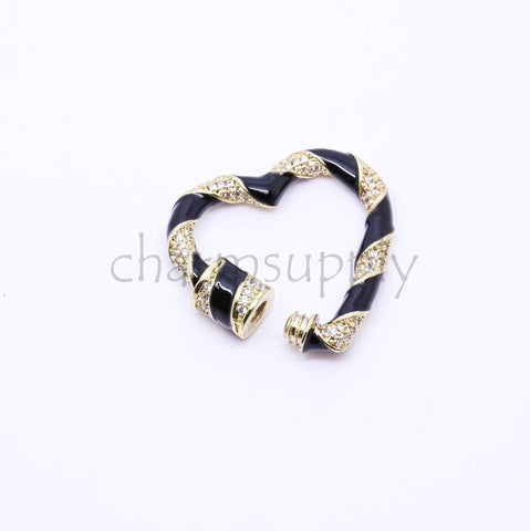 Black or White Enamel Cz Twisted Heart Carabiner, 26mm, heart enamel heart lock, screw clasp, 1 pc or 10 pcs, WHOLESALE CLG113