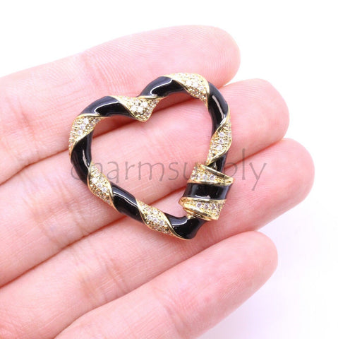 Black or White Enamel Cz Twisted Heart Carabiner, 26mm, heart enamel heart lock, screw clasp, 1 pc or 10 pcs, WHOLESALE CLG113