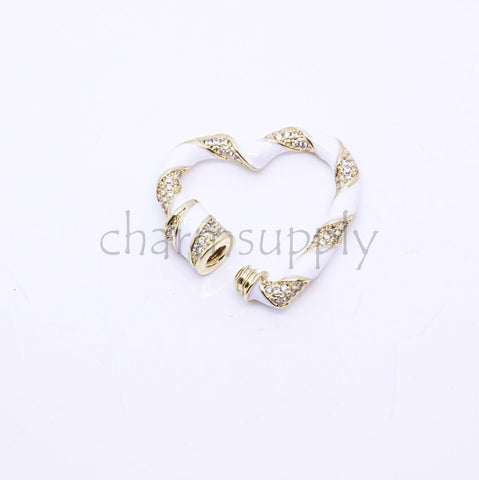 Black or White Enamel Cz Twisted Heart Carabiner, 26mm, heart enamel heart lock, screw clasp, 1 pc or 10 pcs, WHOLESALE CLG113