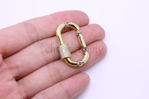 Gold Large Rainbow Twisted cz encrusted Carabiner Clasp, Screw clasp, U shape Screw lock, 1 pc or 10 pcs, WHOLESALE