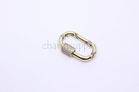 Gold Large Rainbow Twisted cz encrusted Carabiner Clasp, Screw clasp, U shape Screw lock, 1 pc or 10 pcs, WHOLESALE