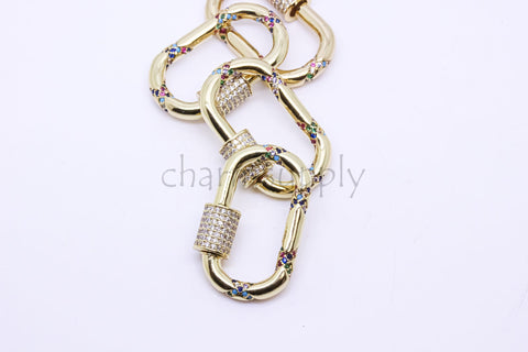 Gold Large Rainbow Twisted cz encrusted Carabiner Clasp, Screw clasp, U shape Screw lock, 1 pc or 10 pcs, WHOLESALE