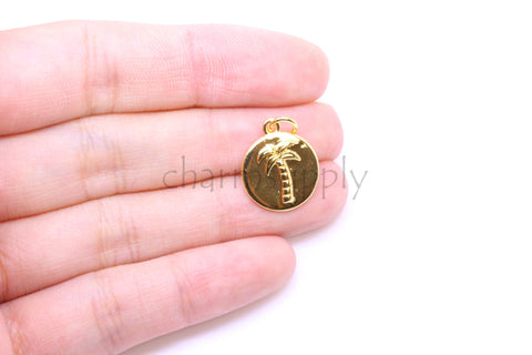 Gold Palm Tree Pendant, Tropical Tree Charm,14mm, Summer Vibe jewelry, 1 pc or 10 pcs, WHOLESALE,CPG261
