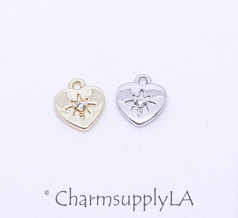 Gold or Silver Little Heart Token cz Charm, Heart Tiny Charm, Heart Tag, Token of Love Charm, 1 pc or 10 pcs, WHOLESALE,CPG222,CPS222