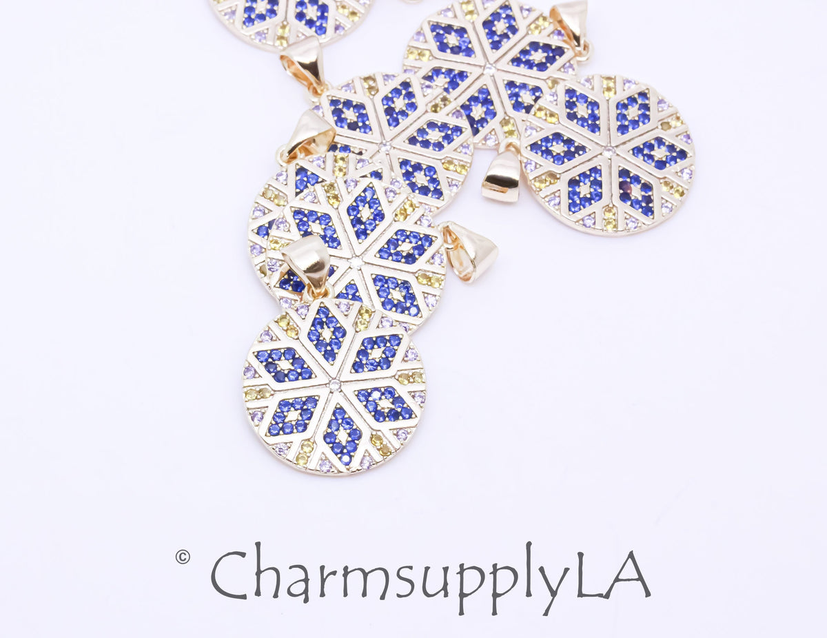 Beautiful Gold Color Burst Blue kaleidoscope Round Cz Pendant, 18mm, Color Pop Pendant, 1 pc or 10 pcs, WHOLESALE MP7-10066