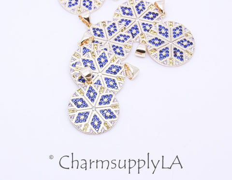 Beautiful Gold Color Burst Blue kaleidoscope Round Cz Pendant, 18mm, Color Pop Pendant, 1 pc or 10 pcs, WHOLESALE MP7-10066
