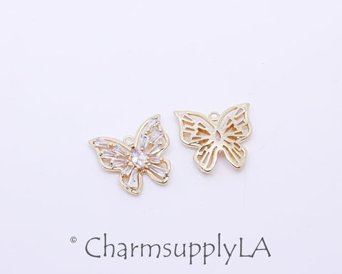 Gold Butterfly cz Baguette set,14x15mm, Butterfly Pendant, gold butterfly pendant, Butterfly Jewelry, 1 pc or 10 pcs, WHOLESALE