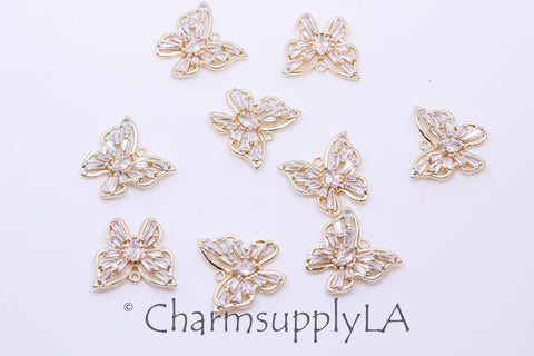 Gold Butterfly cz Baguette set,14x15mm, Butterfly Pendant, gold butterfly pendant, Butterfly Jewelry, 1 pc or 10 pcs, WHOLESALE