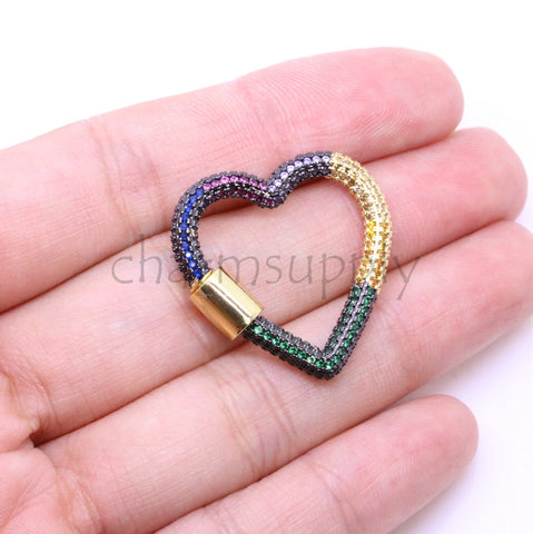 Large Size Full Rainbow cz Pave Heart Carabiner Lock, 26mm, Carabiner Clasp, Rainbow Screw Clasp,Screw Lock, One piece, 10 pieces, WHOLESALE