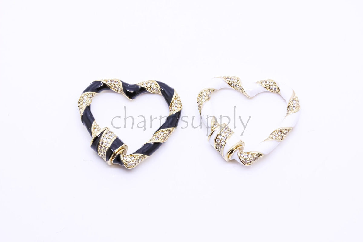 Black or White Enamel Cz Twisted Heart Carabiner, 26mm, heart enamel heart lock, screw clasp, 1 pc or 10 pcs, WHOLESALE CLG113