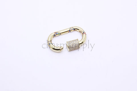 Gold Large Rainbow Twisted cz encrusted Carabiner Clasp, Screw clasp, U shape Screw lock, 1 pc or 10 pcs, WHOLESALE