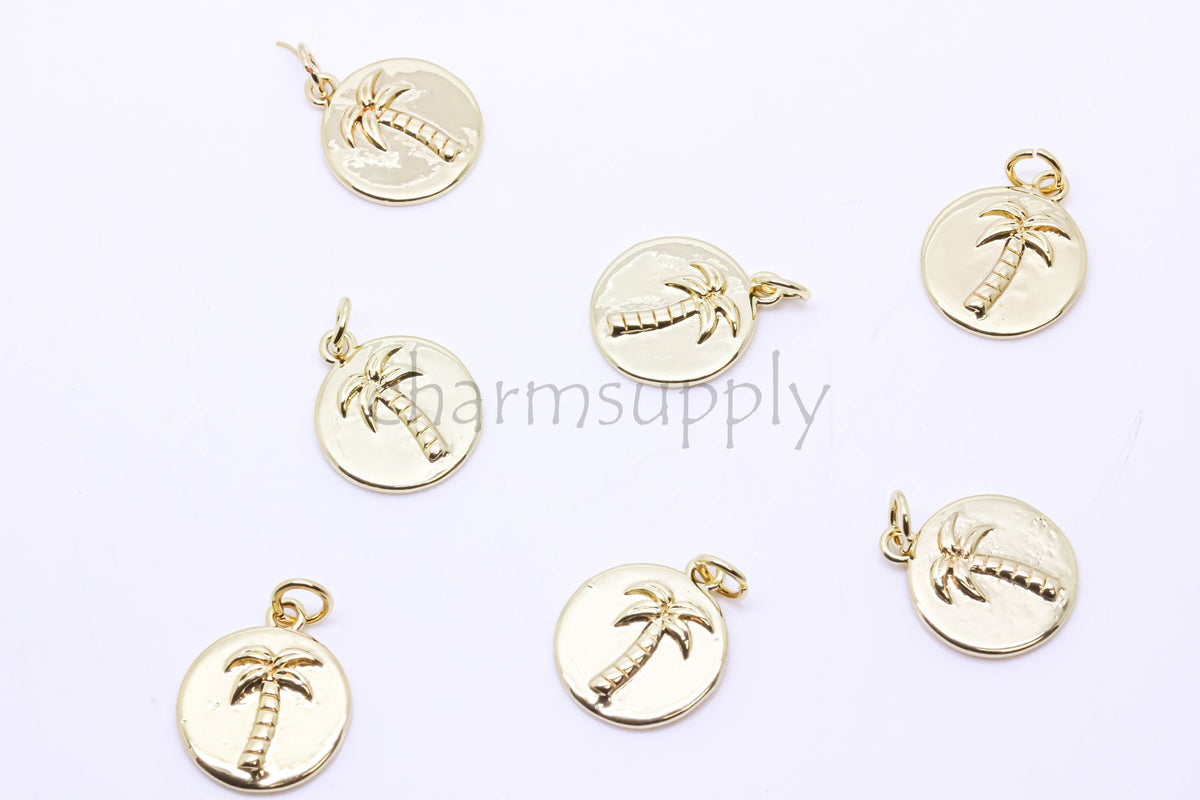 Gold Palm Tree Pendant, Tropical Tree Charm,14mm, Summer Vibe jewelry, 1 pc or 10 pcs, WHOLESALE,CPG261