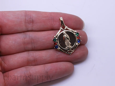 Gold Virgin Mary Rainbow cz Trimmed Pendant, 26.5x32mm, Religious Theme Jewelry, 1 pc or 10 pcs, WHOLESALE,CPG194