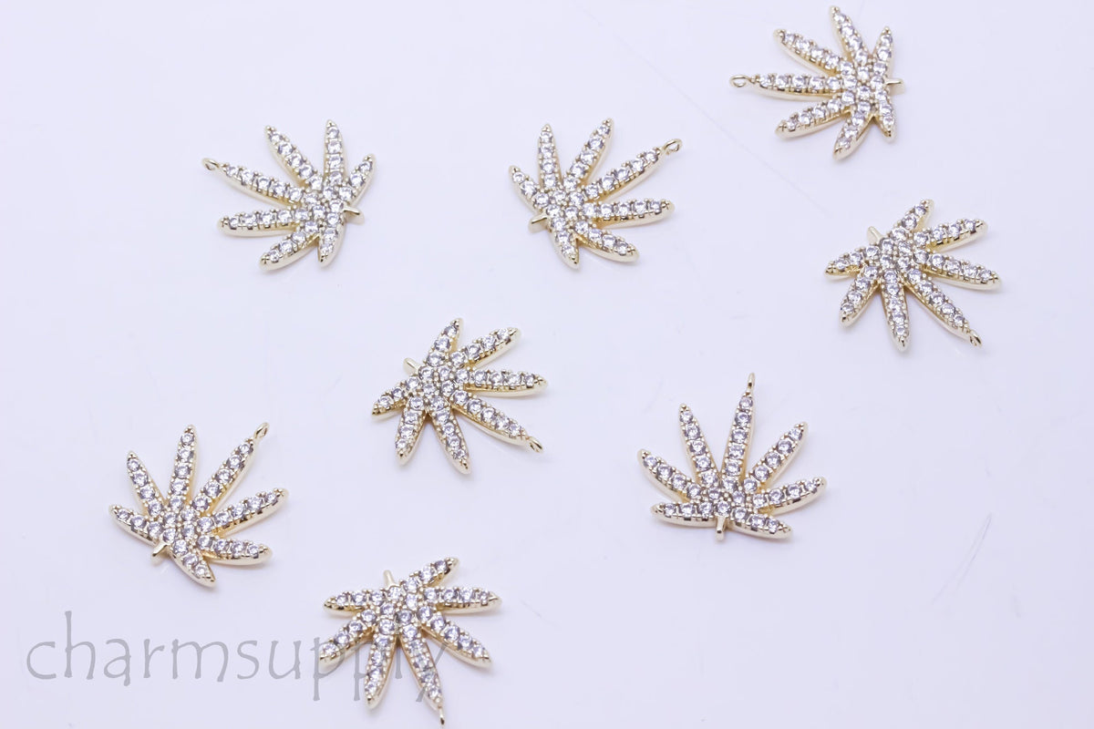 Gold cz Marijuana Leaf Pendant, Cannabis cz Pendant, cz Cannabis, 16.7x17mm, 1 pc or 10 pcs, WHOLESALE,CPG119