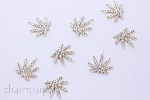 Gold cz Marijuana Leaf Pendant, Cannabis cz Pendant, cz Cannabis, 16.7x17mm, 1 pc or 10 pcs, WHOLESALE,CPG119