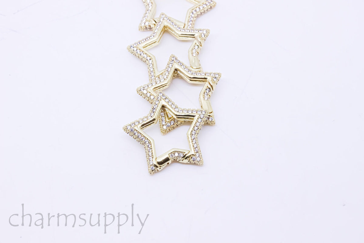 Gold or Silver Full Pave Cz Star Push Gate Ring Clasp, 25mm, Sparkly Star Clasp, 1 pc or 10 pcs, WHOLESALE, Mp21-10076