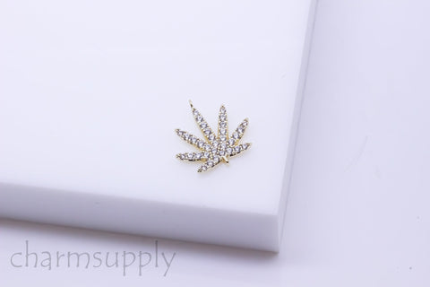 Gold cz Marijuana Leaf Pendant, Cannabis cz Pendant, cz Cannabis, 16.7x17mm, 1 pc or 10 pcs, WHOLESALE,CPG119