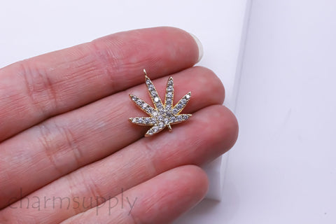 Gold cz Marijuana Leaf Pendant, Cannabis cz Pendant, cz Cannabis, 16.7x17mm, 1 pc or 10 pcs, WHOLESALE,CPG119