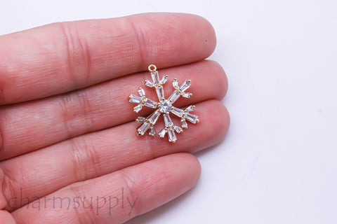 Gold or Silver Snow Flake cz embellished Pendant, Sparkly and Festive Ornament, 20mm, Snowflake Pendant,1 or 10 pcs,WHOLESALE,CPG391-CPS391