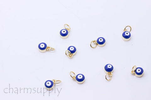 -5 pcs Gold Enamel Evil Eye Charm, 6mm enamel Drops, 5 colors, Gold backing, set in style, 5pcs , WHOLESALE,CPG149