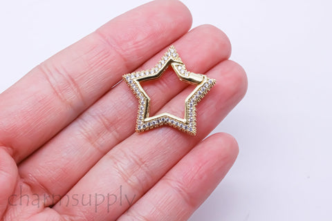 Gold or Silver Full Pave Cz Star Push Gate Ring Clasp, 25mm, Sparkly Star Clasp, 1 pc or 10 pcs, WHOLESALE, Mp21-10076