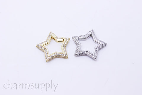 Gold or Silver Full Pave Cz Star Push Gate Ring Clasp, 25mm, Sparkly Star Clasp, 1 pc or 10 pcs, WHOLESALE, Mp21-10076