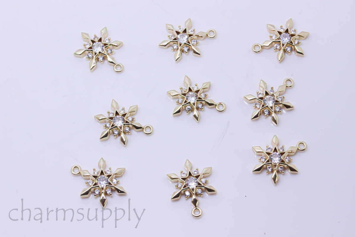 Gold or Silver Snow Flake cz embellished Pendant, Sparkly and Festive Ornament, 15mm, Snowflake Pendant,1 or 10 pcs,WHOLESALE,CPG392-CPS392