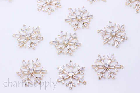 Gold or Silver Snow Flake cz embellished Pendant, Sparkly and Festive Ornament, 20mm, Snowflake Pendant,1 or 10 pcs,WHOLESALE,CPG391-CPS391