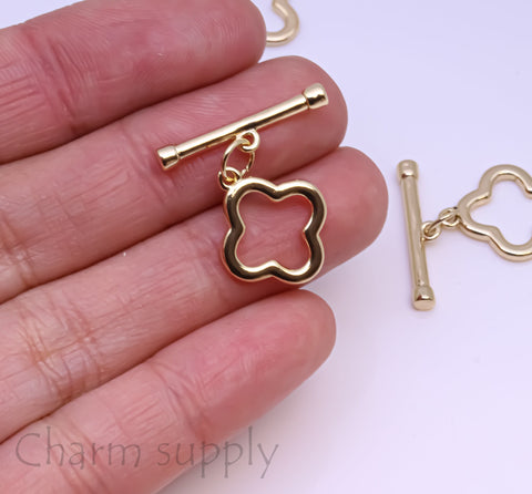 Gold or Silver Clover Cut Out Toggle Clasp, 14mm, 20x2mm bar, plain toggle clasp parts, 1 set or 10 sets, WHOLESALE,CLG046,CLS046