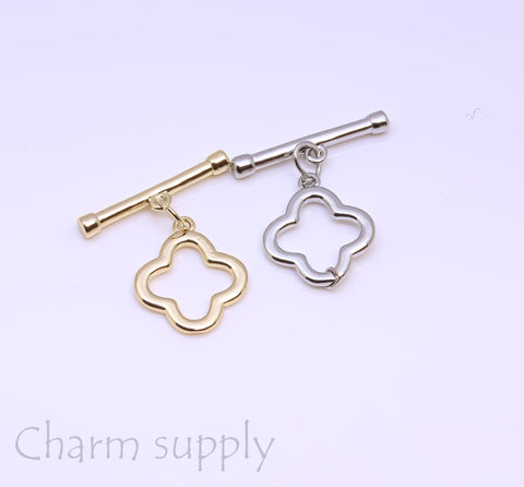 Gold or Silver Clover Cut Out Toggle Clasp, 14mm, 20x2mm bar, plain toggle clasp parts, 1 set or 10 sets, WHOLESALE,CLG046,CLS046