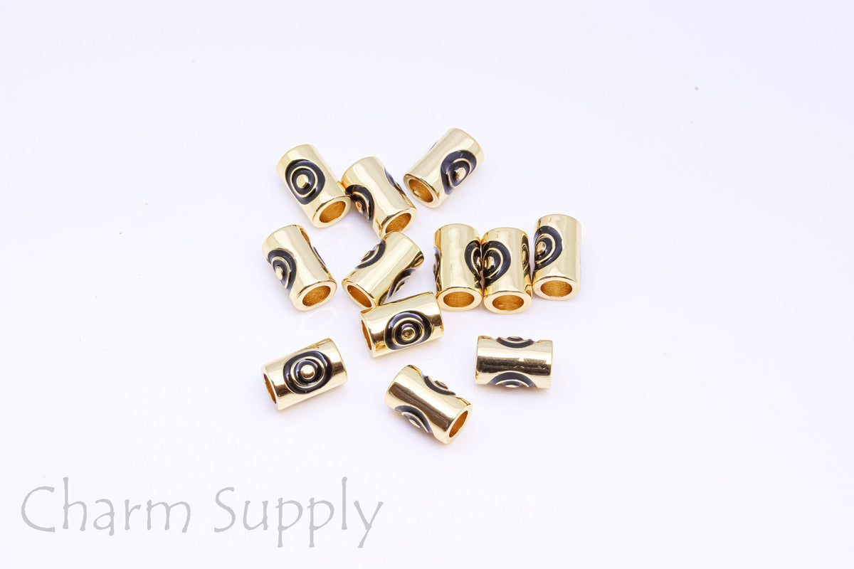 Gold black Enamel Eye Bead, 9.3x6.5mm, Double Sided, Enamel Black Eye Bead, 1 pc or 10 pcs, WHOLESALE, MP24-10085
