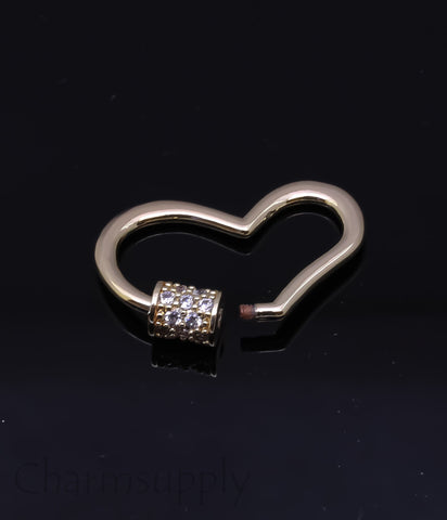 Gold Open Heart cz Carabiner Lock, cz Screw on Clasp, 27x22mm, 1 pc or 10 pcs, WHOLESALE, MP21-10075