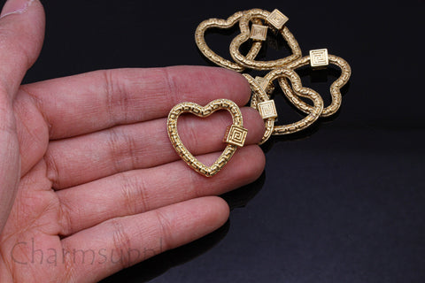 Gold or Silver Engraved Pattern Textured Open Heart Carabiner, mm, Carabiner screw clasp, 1 pc or 10 pcs, WHOLESALE, MP21-10064