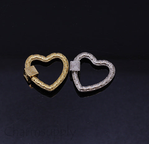 Gold or Silver Engraved Pattern Textured Open Heart Carabiner, mm, Carabiner screw clasp, 1 pc or 10 pcs, WHOLESALE, MP21-10064