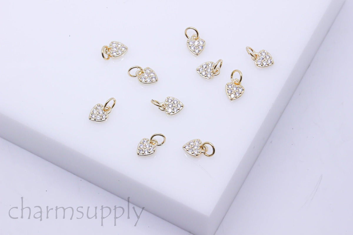 Gold or Silver Tiny Delicate Heart Shape Cz Set Charm, Little Danglings, 5mm, Jewelry Making, 1 pc or 10 pcs, WHOLESALE,CPG086,CPS086