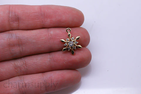 Gold or Silver Snow Flake cz embellished Pendant, Sparkly and Festive Ornament, 15mm, Snowflake Pendant,1 or 10 pcs,WHOLESALE,CPG392-CPS392